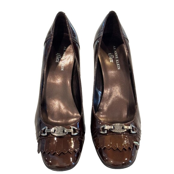 ANNE KLEIN iflex AKPFENNIING BROWN PATENT LEATHER BLOCK HEEL SZ 8.5M - Picture 2 of 10